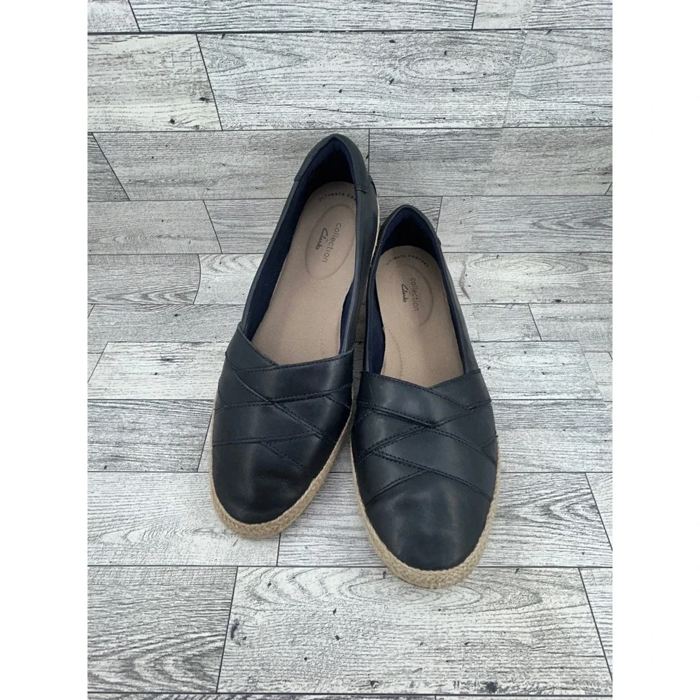 Clarks Collection Navy Blue Leather Espadrille Flats Ultimate Comfort Women Sz 9